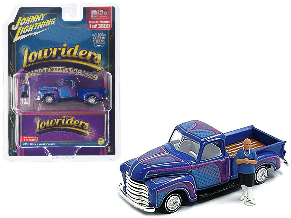 1950 CHEVROLET 3100 PICKUP LOWRIDER BLUE W/FIGURE 1/64 JOHNNY
